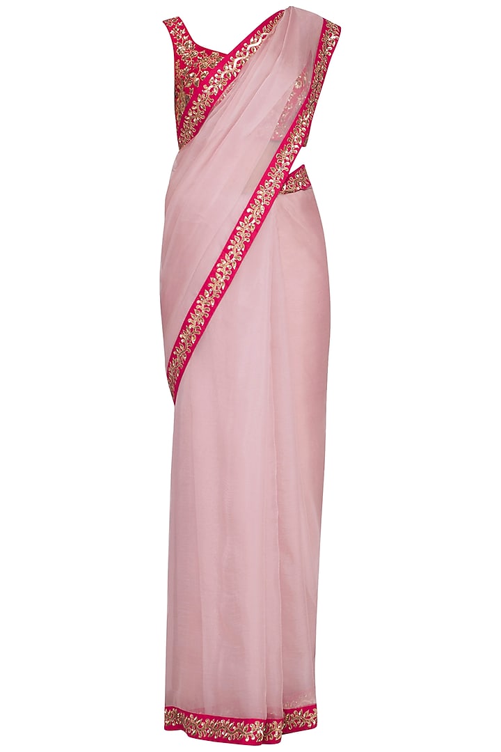Powder Pink Silk Organza Embroidered Saree Set by Ranian