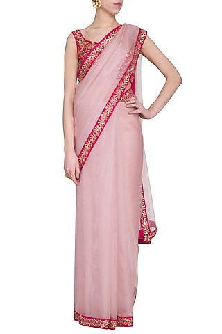 Powder Pink Silk Organza Embroidered Saree Set by Ranian