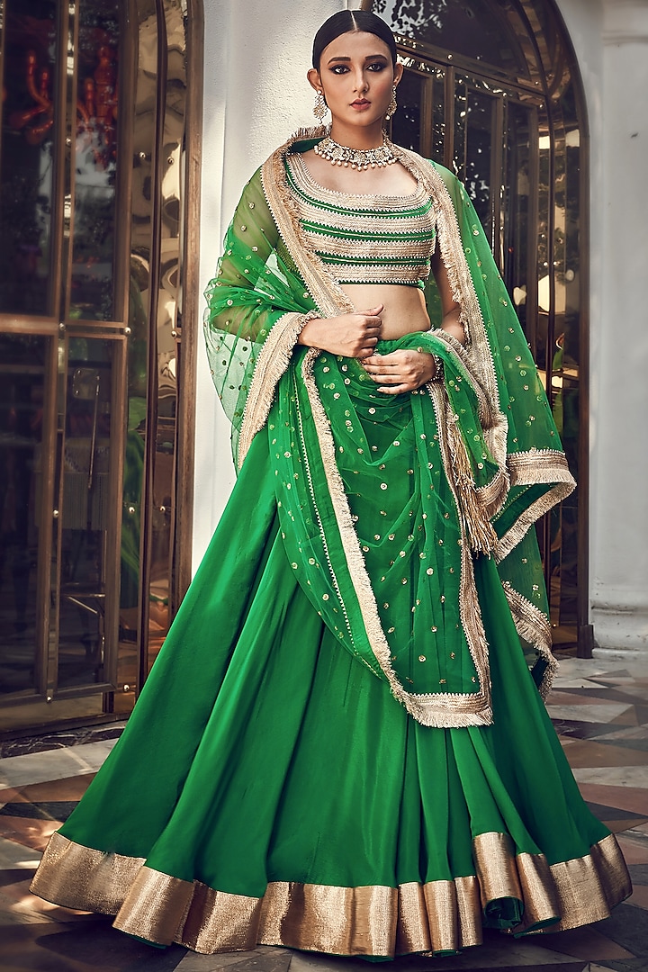 Forrest Green Embroidered Lehenga Set by Ranian