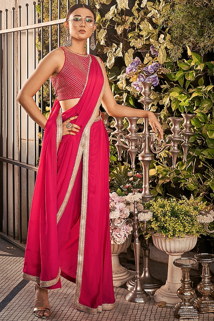 Raspberry Embroidered Saree Set by Ranian