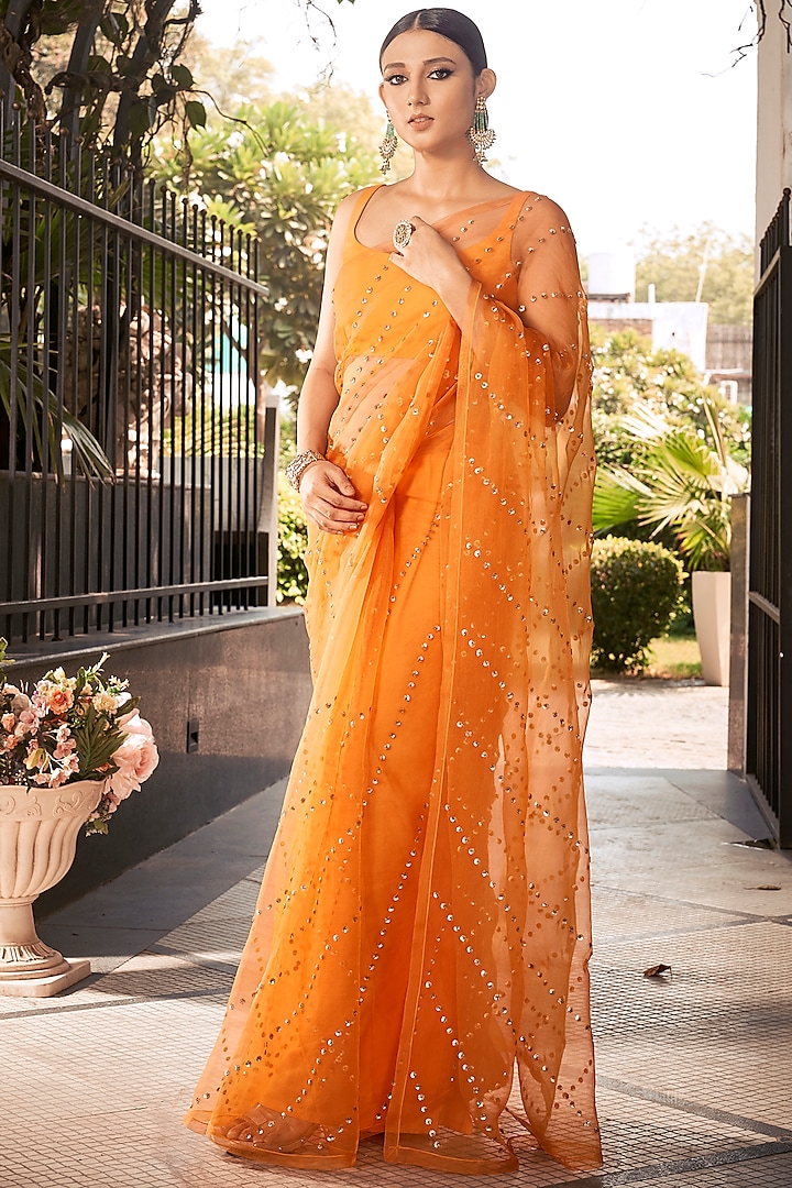 Orange Embroidered Saree Set by Ranian