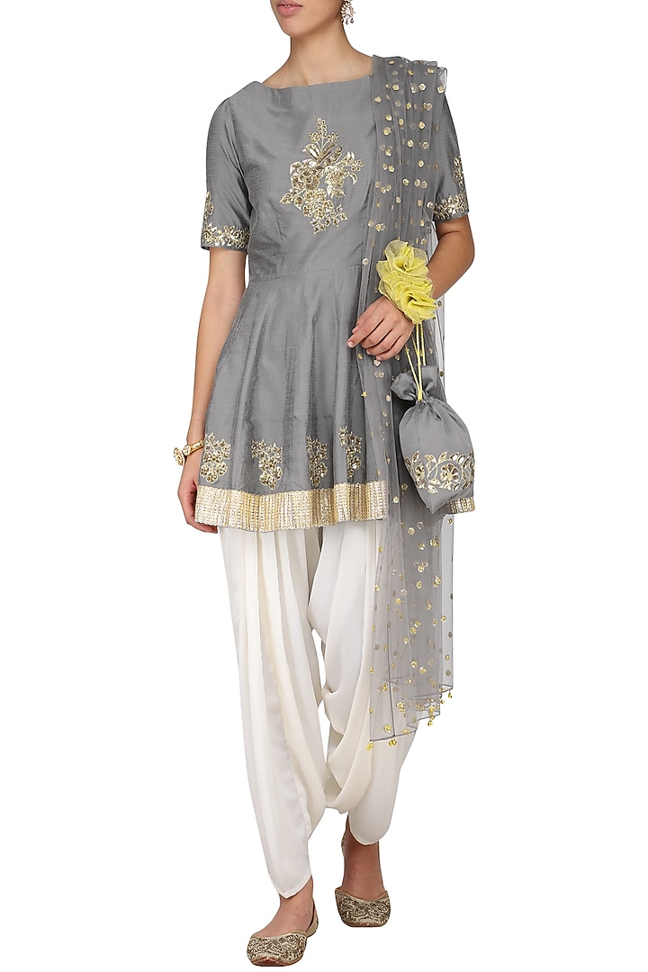 Grey embroidered peplum kurta with ivory dhoti pants set available only at Pernia's Pop Up Shop.