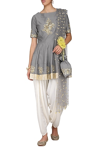 Grey Embroidered Peplum Kurta with Ivory Dhoti Pants Set by Ranian