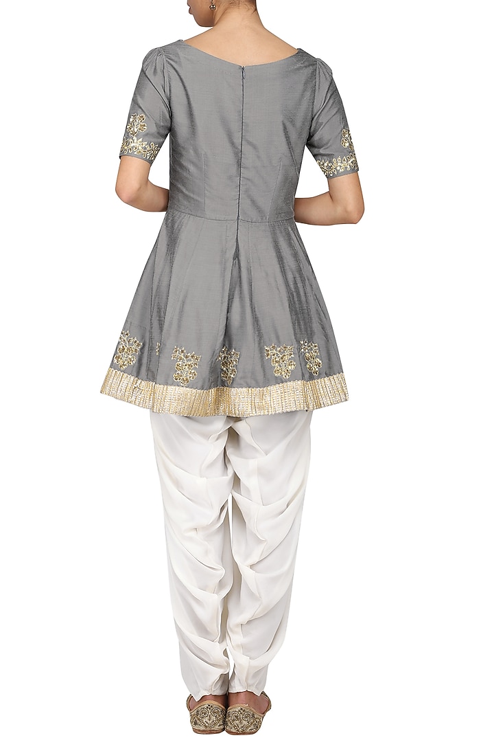Grey embroidered peplum kurta with ivory dhoti pants set available only at Pernia's Pop Up Shop.