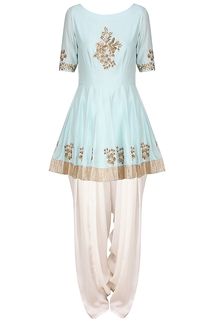 Powder blue embroidered peplum kurta with ivory dhoti pants set available only at Pernia's Pop Up Shop.