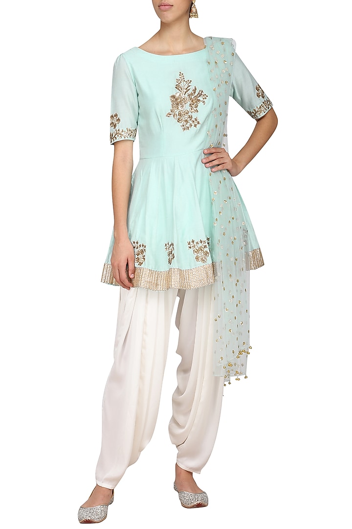 Powder blue embroidered peplum kurta with ivory dhoti pants set available only at Pernia's Pop Up Shop.