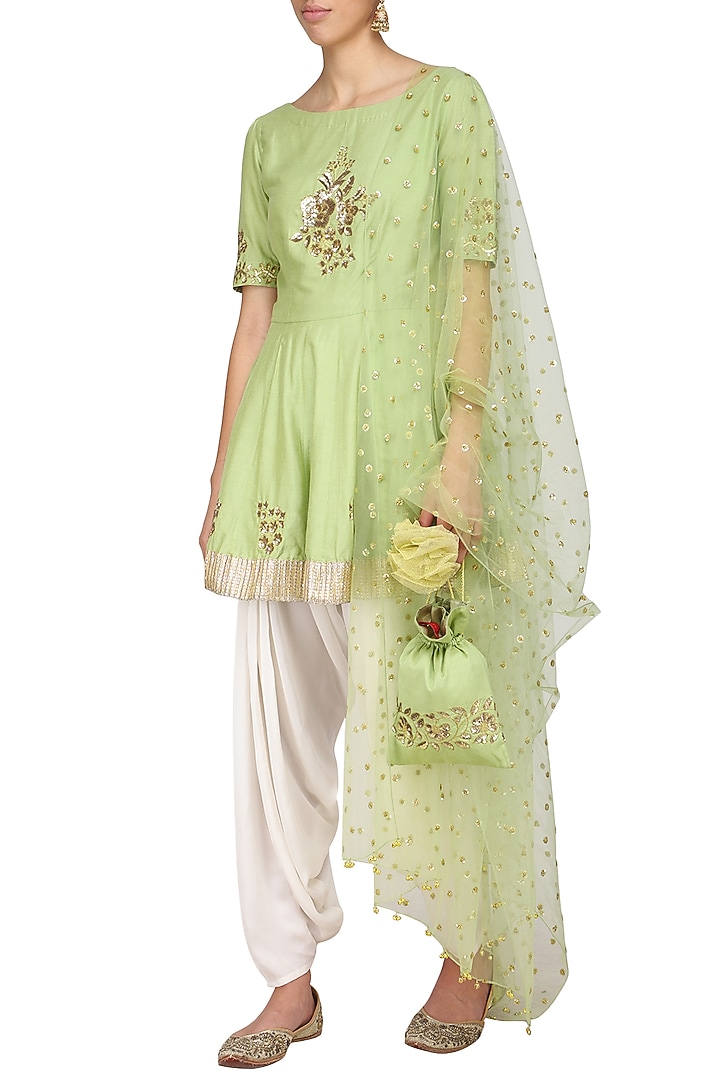 Olive green embroidered peplum kurta with ivory dhoti pants set available only at Pernia's Pop Up Shop.