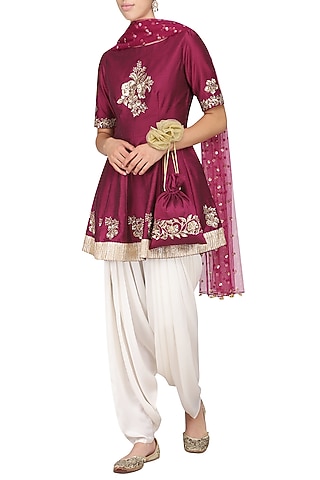 Wine Embroidered Peplum Kurta with Ivory Dhoti Pants Set by Ranian