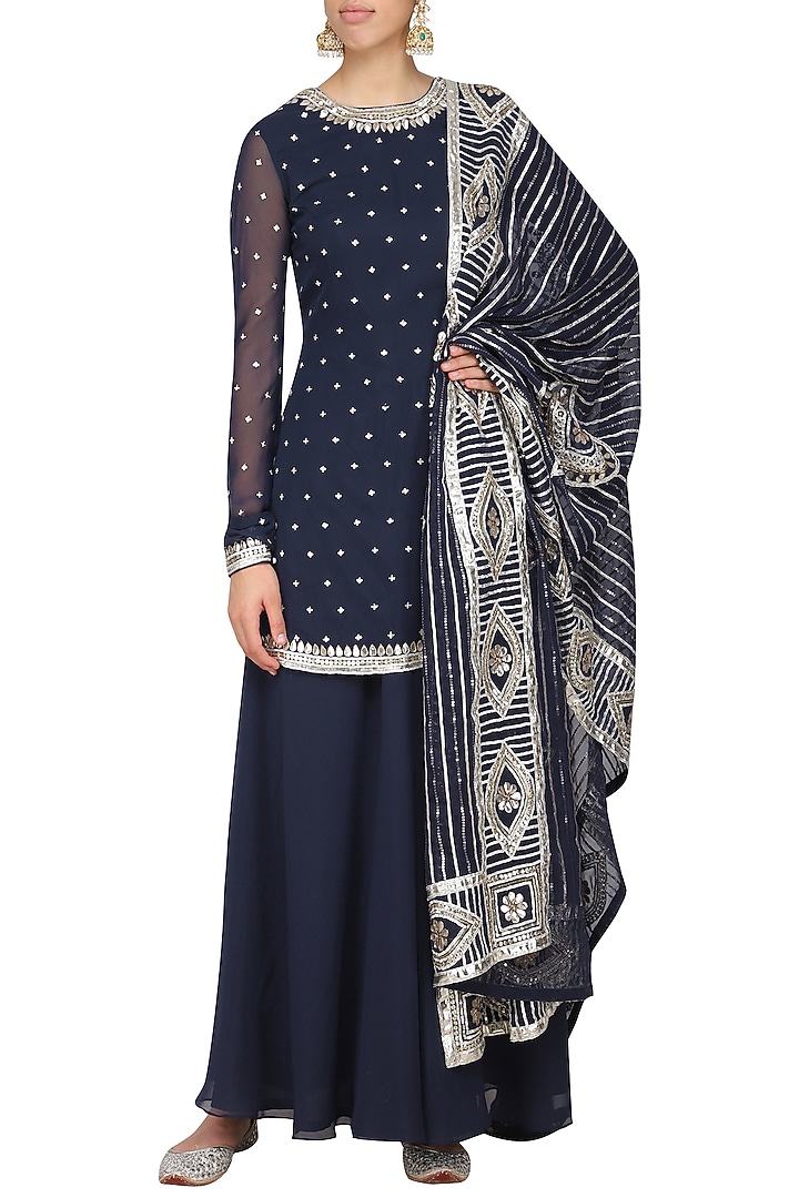 Navy blue embroidered kurta with sharara pants set available only at Pernia's Pop Up Shop.