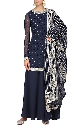 Navy Blue Embroidered Kurta with Sharara Pants Set by Ranian