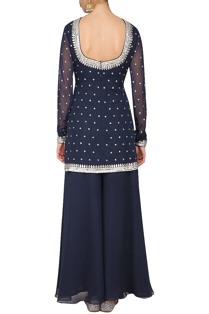Navy blue embroidered kurta with sharara pants set available only at Pernia's Pop Up Shop.