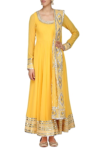 Yellow Embroidered Anarkali Set by Ranian