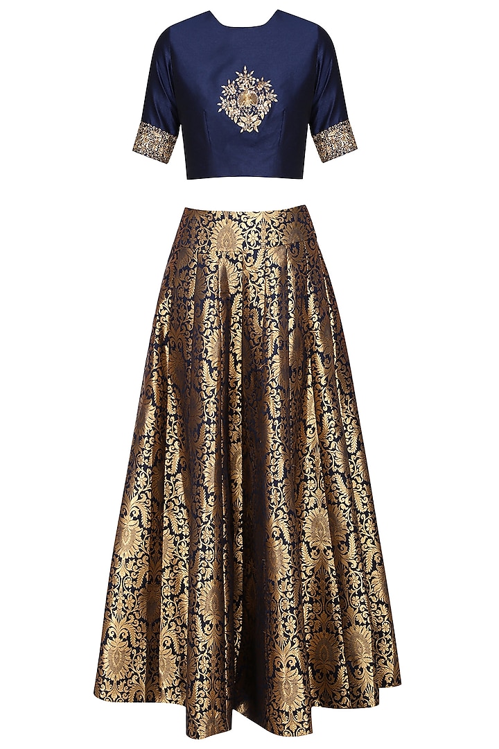 Blue embroidered crop top with brocade skirt by Ranian