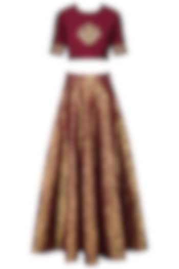 Maroon embroidered crop top with brocade skirt available only at Pernia's Pop Up Shop.