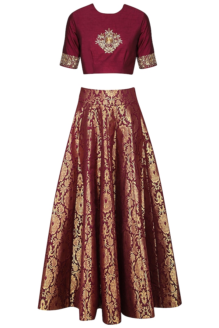 Maroon embroidered crop top with brocade skirt available only at Pernia ...