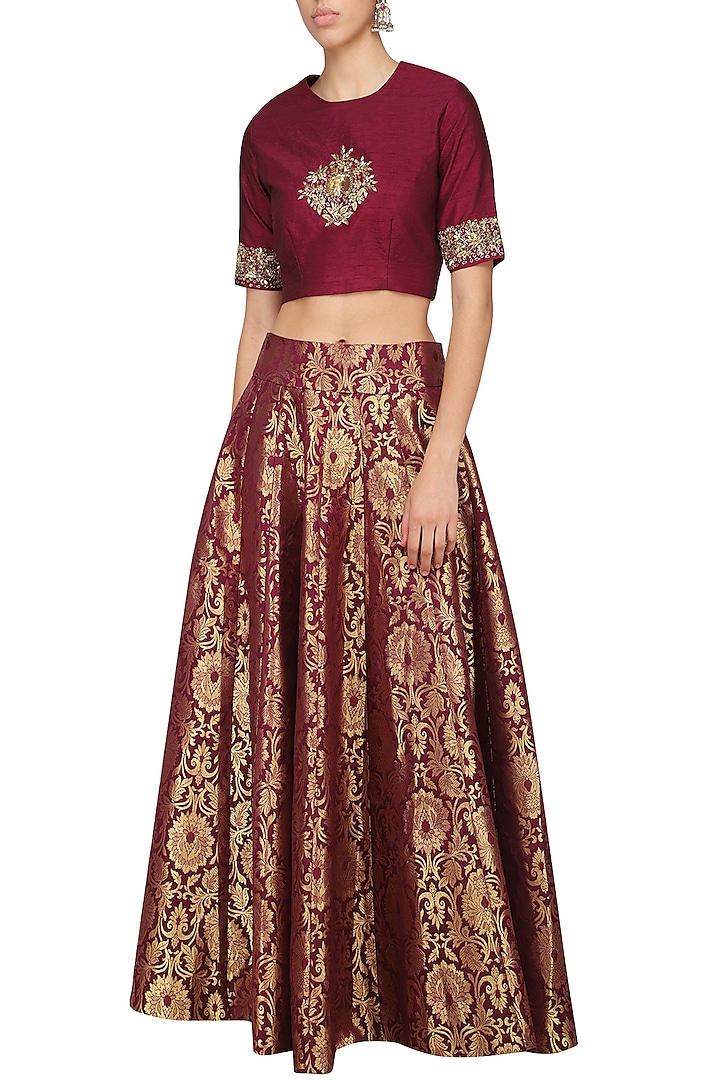 Maroon embroidered crop top with brocade skirt available only at - Main Image