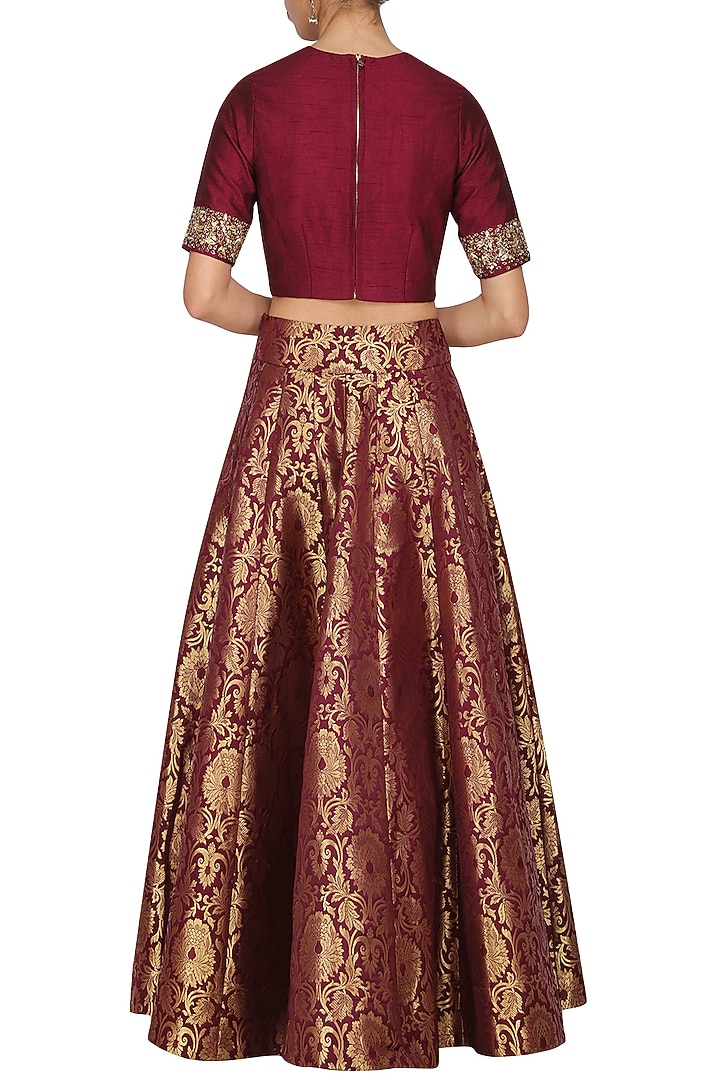 Maroon embroidered crop top with brocade skirt available only at Pernia's Pop Up Shop.