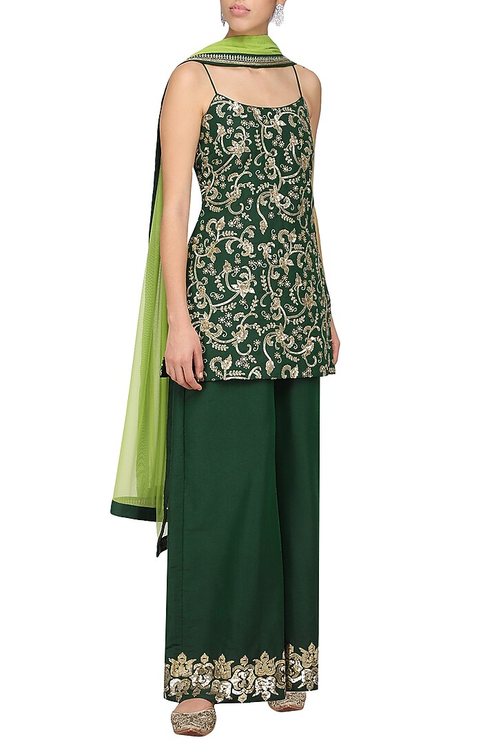 Emerald green embroidered kurta with palazzo pants set available only at Pernia's Pop Up Shop.