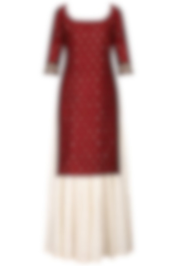 Wine Embroidered Kurta with Ivory Skirt Set by Ranian