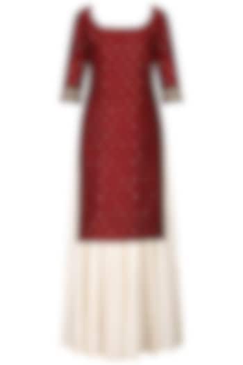 Wine embroidered kurta with ivory skirt set available only at Pernia's Pop Up Shop.