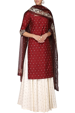 Wine Embroidered Kurta with Ivory Skirt Set by Ranian