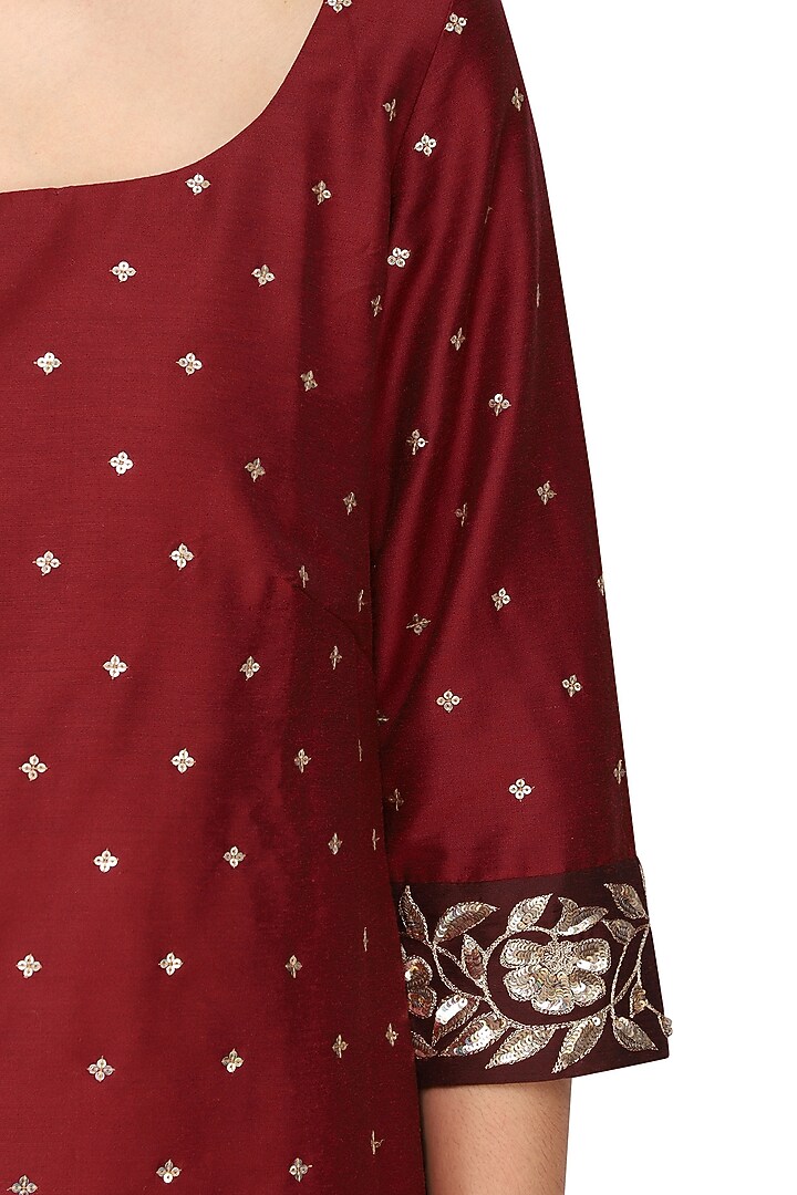 Wine embroidered kurta with ivory skirt set available only at Pernia's Pop Up Shop.