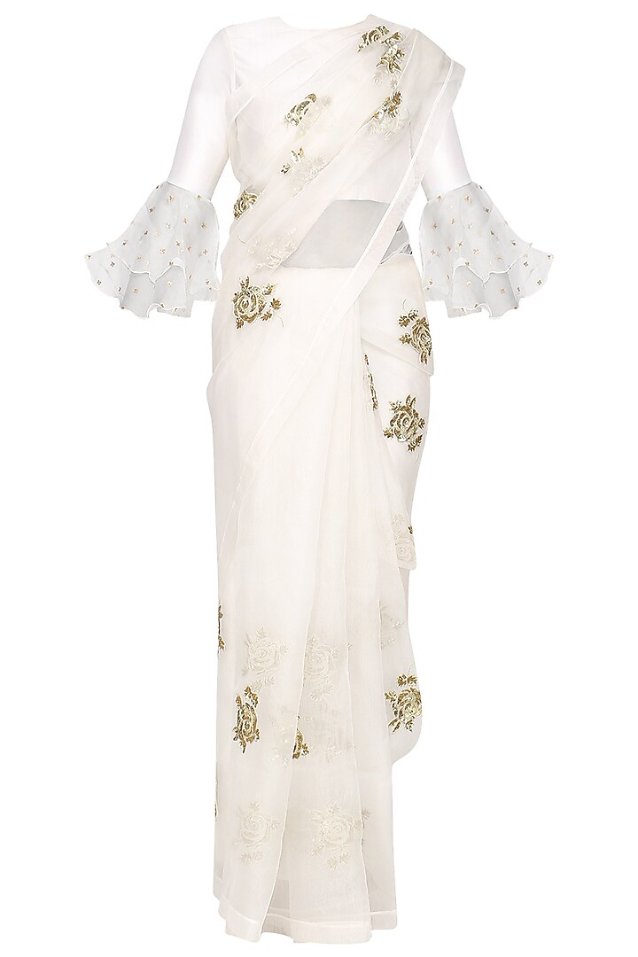 Ivory Rose Embroidered Saree with Blouse by Ranian