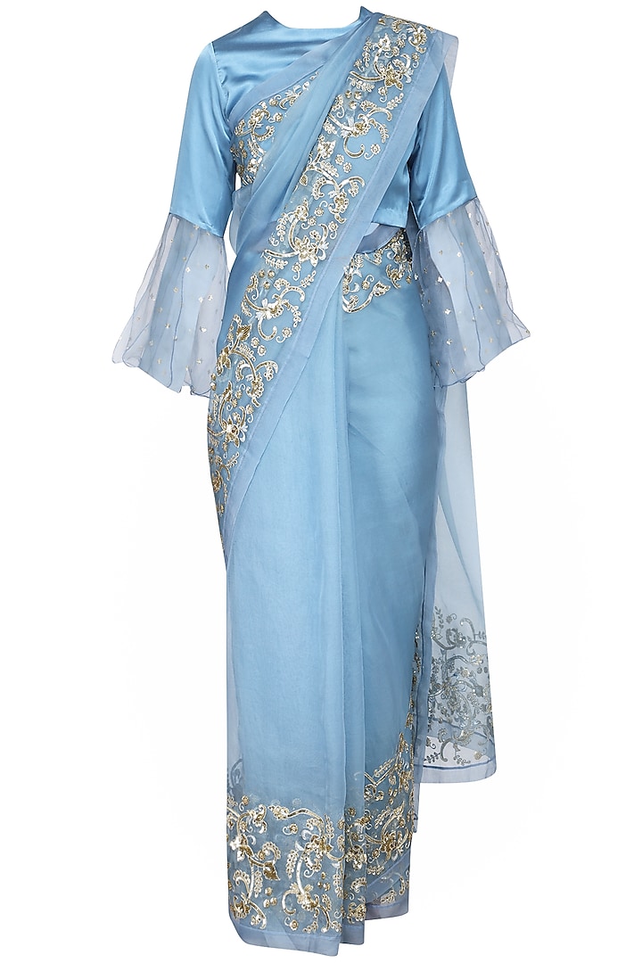 Blue Silk Organza Embroidered Saree Set by Ranian
