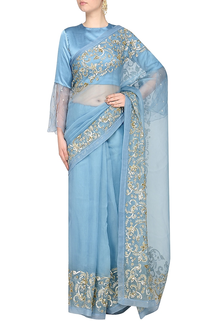 Blue embroidered saree with blouse available only at Pernia's Pop Up Shop.