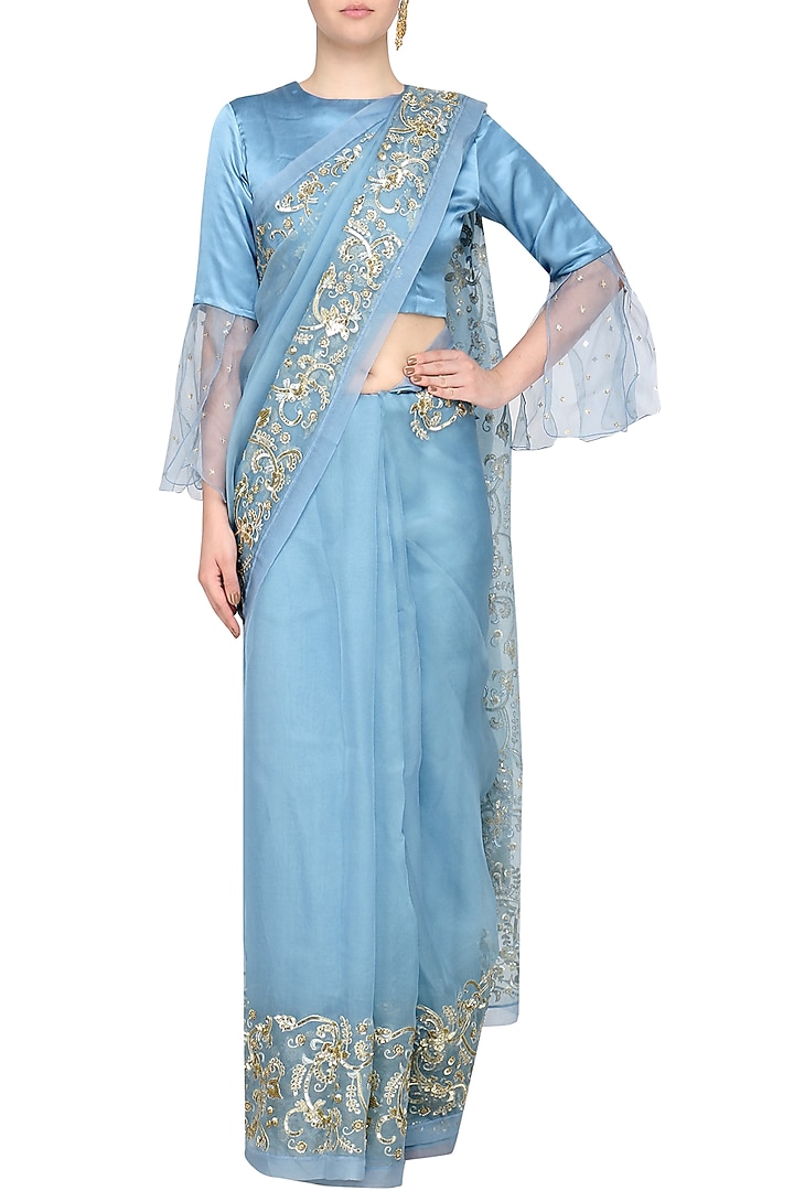 Blue embroidered saree with blouse available only at Pernia's Pop Up Shop.