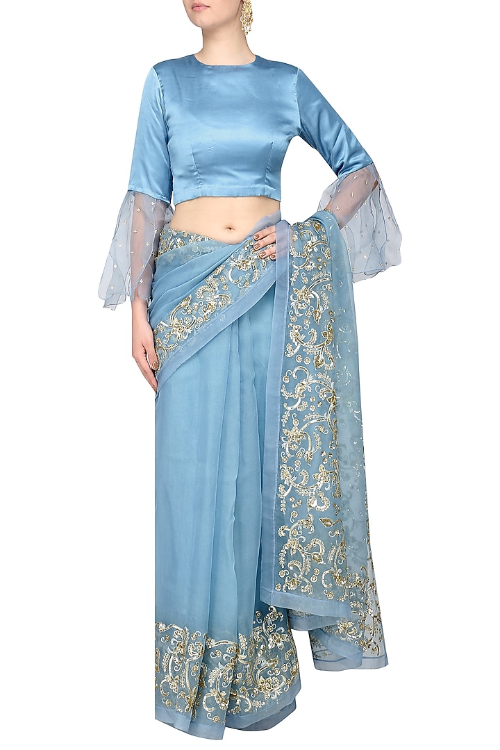 Blue embroidered saree with blouse available only at Pernia's Pop Up Shop.