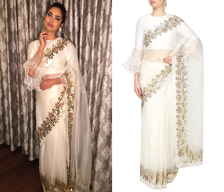 Ivory embroidered saree with blouse available only at Pernia's Pop Up Shop.