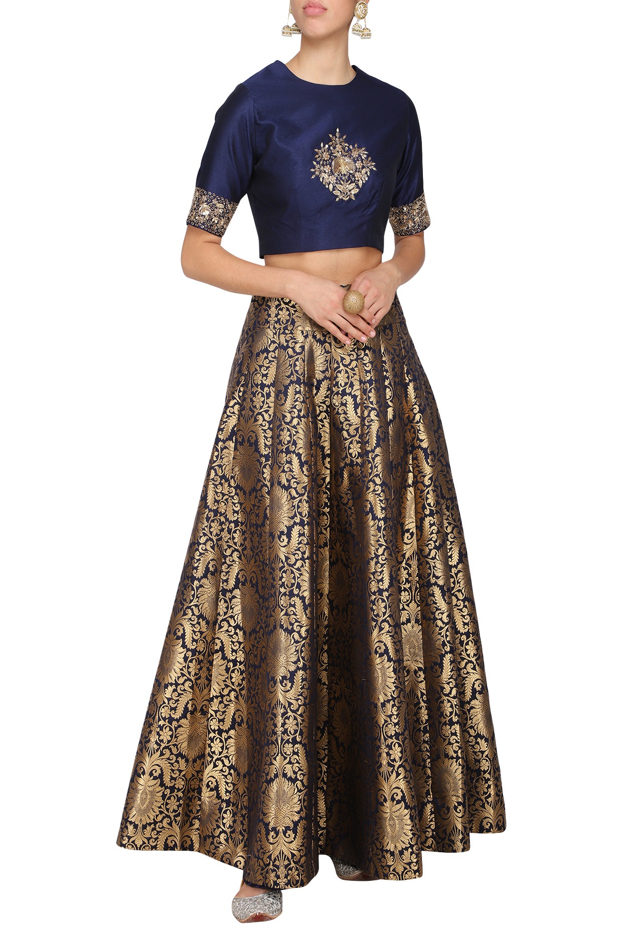 Elegant Navy and Gold Crop Top Style Lehenga-SNT11091 – Saris and Things