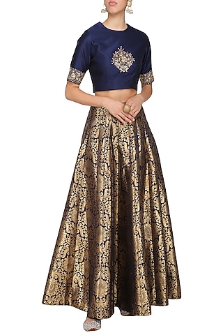 Blue embroidered crop top with lehenga skirt by Ranian
