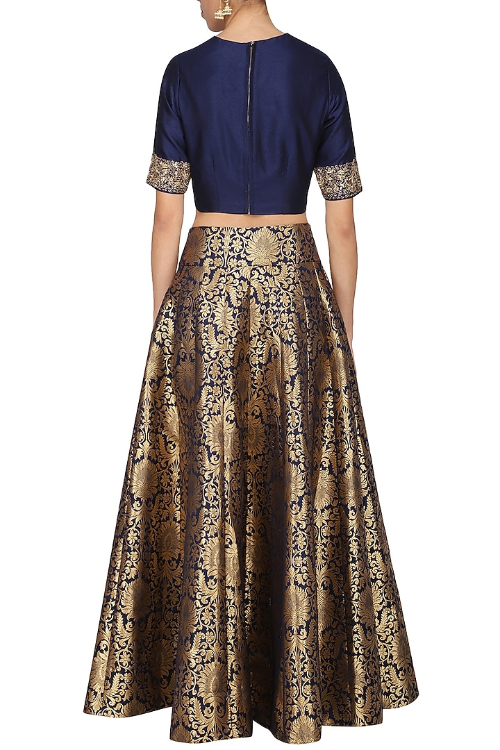 Blue embroidered crop top with lehenga skirt by Ranian at Pernia's Pop Up Shop
