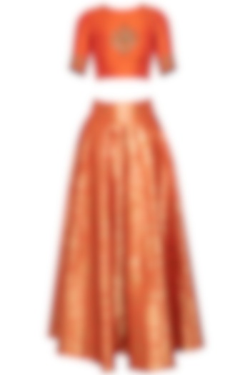 Orange embroidered crop top with lehenga skirt by Ranian