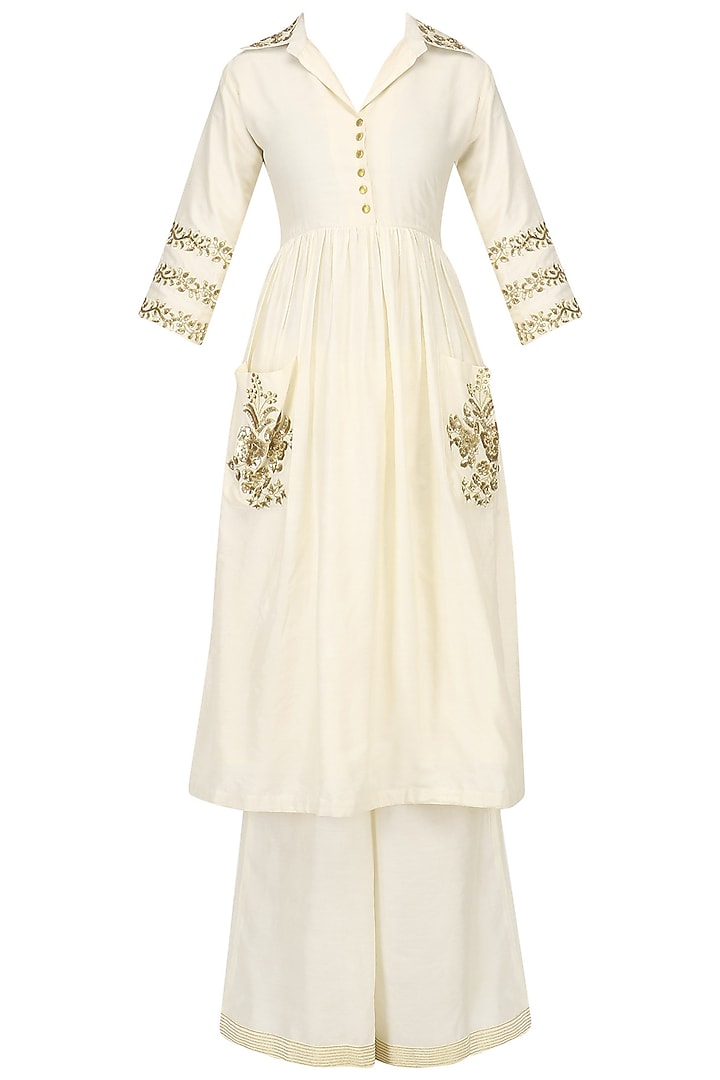 Ivory Embroidered Tunic with Palazzo Pants Set by Ranian