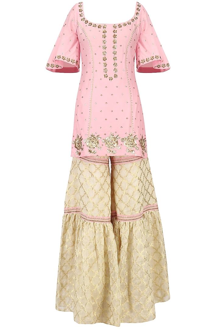 Blush pink embroidered short kurta with gharara set available only at Pernia's Pop Up Shop.