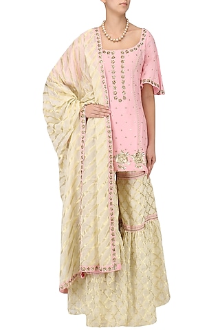 Blush Pink Embroidered Short Kurta with Gharara Set by Ranian