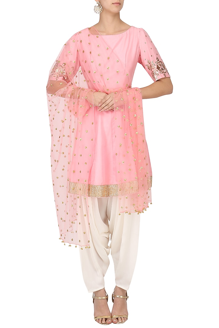 Blush pink embroidered peplum kurta with dhoti salwar set available only at Pernia's Pop Up Shop.