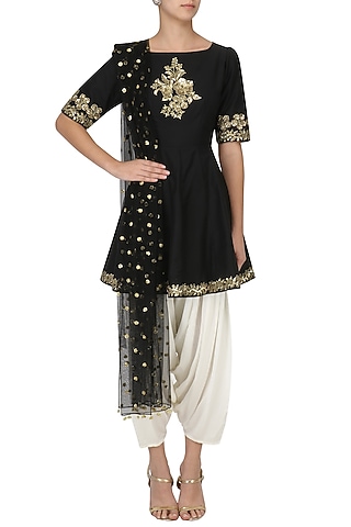 Black Embroidered Peplum Kurta with Dhoti Salwar Set by Ranian