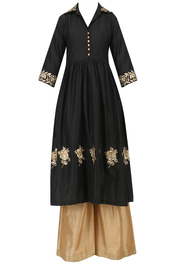 Black Embroidered Tunic with Palazzo Pants Set by Ranian