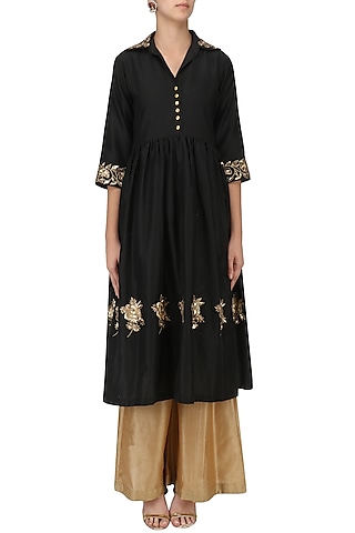 Black Embroidered Tunic with Palazzo Pants Set by Ranian