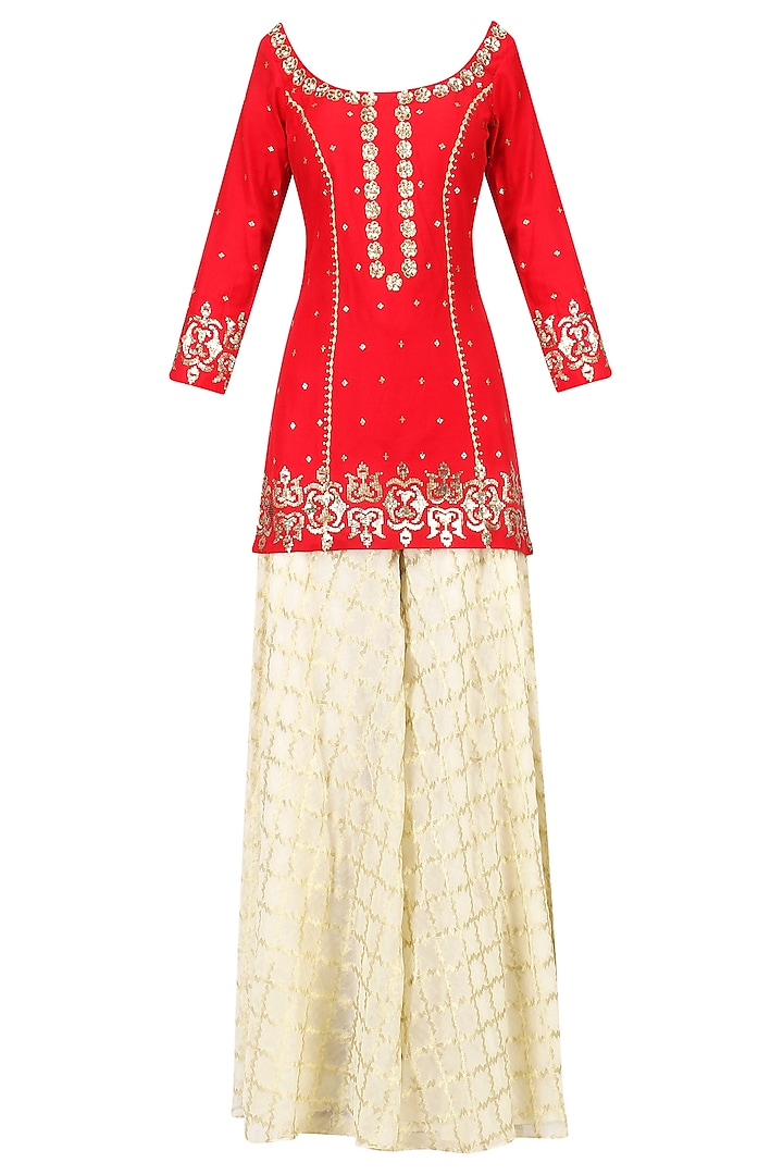 Crimson Red Embroidered Short Kurta with Gharara Set by Ranian
