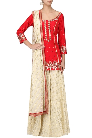 Crimson Red Embroidered Short Kurta with Gharara Set by Ranian