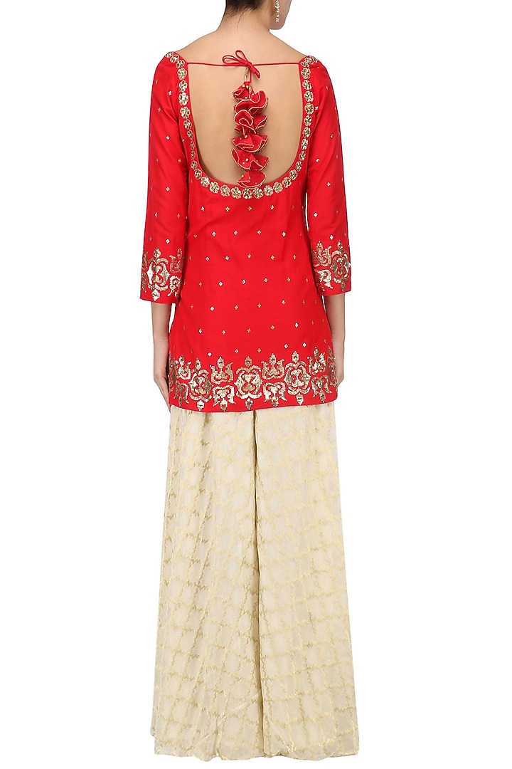 Crimson red embroidered short kurta with gharara set available only at Pernia's Pop Up Shop.