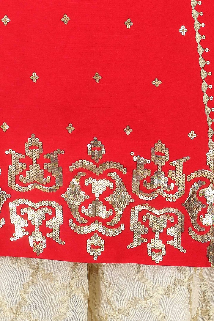 Crimson red embroidered short kurta with gharara set available only at Pernia's Pop Up Shop.