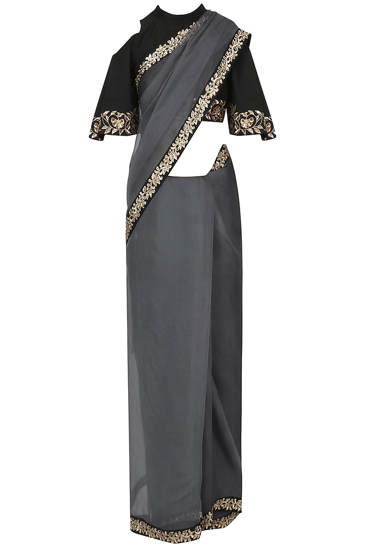 Iron Grey and Black Embroidered Saree with Blouse  by Ranian