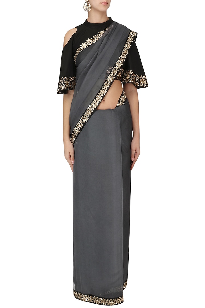 Iron grey and black embroidered saree with blouse available only at Pernia's Pop Up Shop.