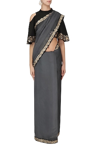 Iron Grey and Black Embroidered Saree with Blouse  by Ranian